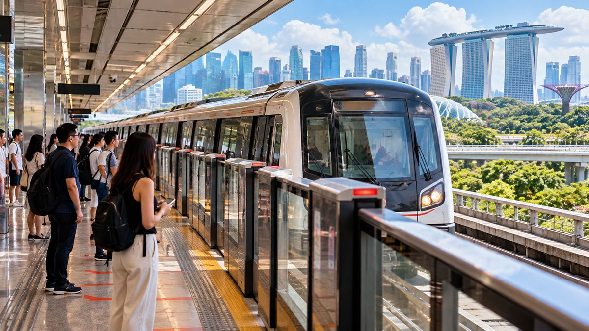 Modern MRT train arriving at an elevated station in Singapore, illustrating how to travel around Singapore without a taxi.