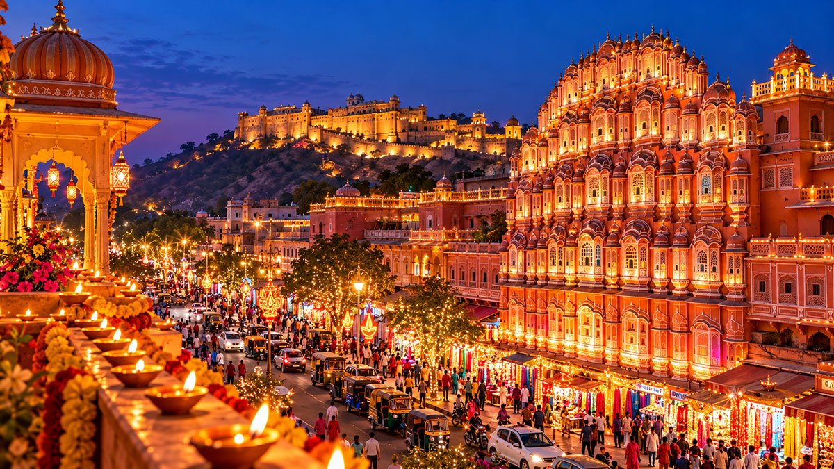 Jaipur, Rajasthan, illuminated with festive lights and traditional diyas during Diwali.