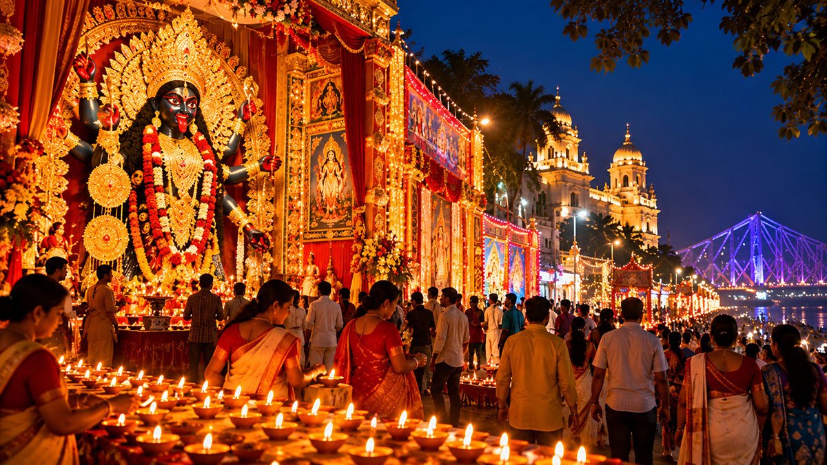 Kali Puja celebrations in Kolkata with an illuminated goddess Kali pandal, traditional diyas and festive crowds.