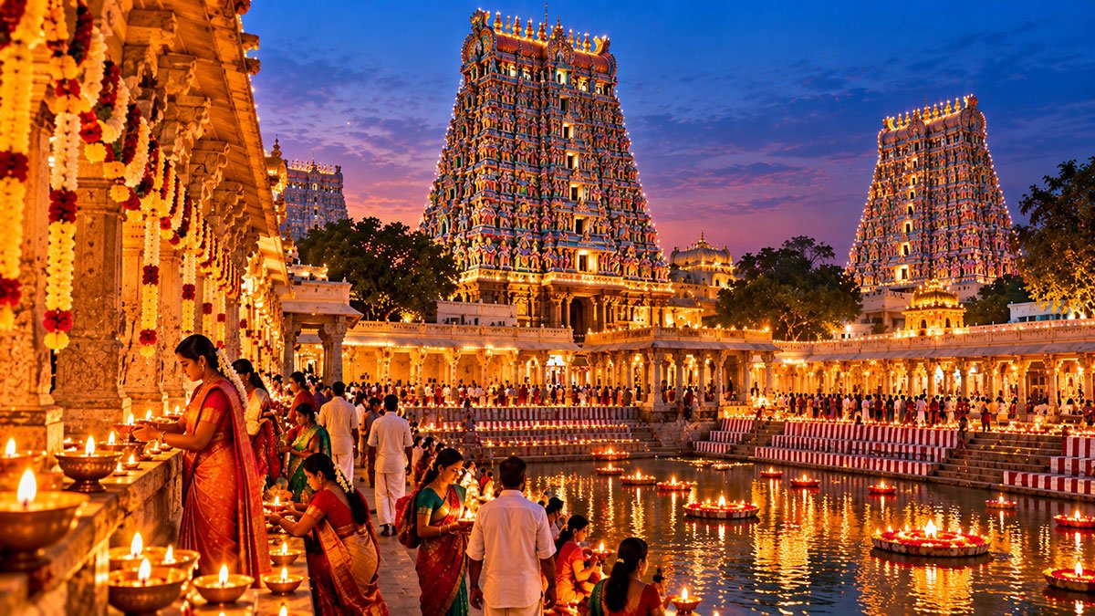 Madurai-inspired temple complex illuminated with traditional diyas during a festive evening in Tamil Nadu.