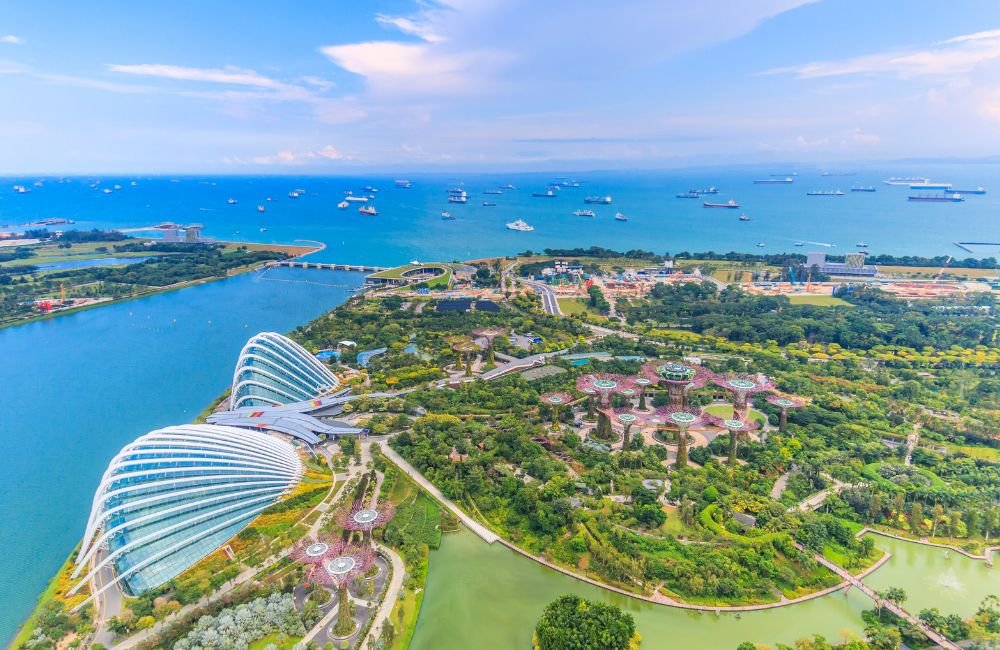 Aerial view of Gardens by the Bay in Singapore, featuring the Supertree Grove, Cloud Forest and Flower Dome conservatories, and ships in the Singapore Strait.