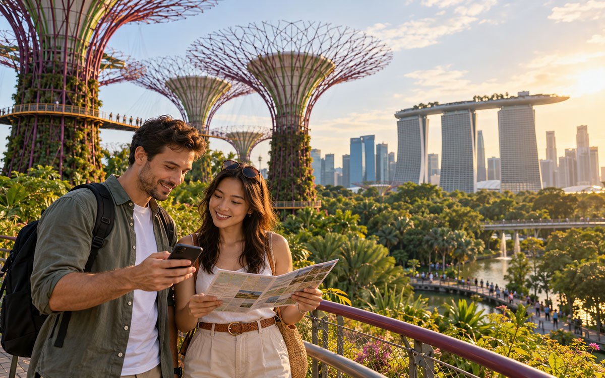 Travellers planning a Singapore holiday at Gardens by the Bay with Supertree Grove and Marina Bay Sands in the background.