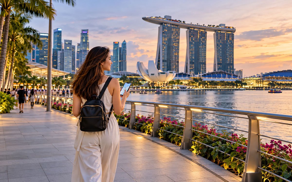 Solo female traveller checking her route along Singapore's Marina Bay waterfront