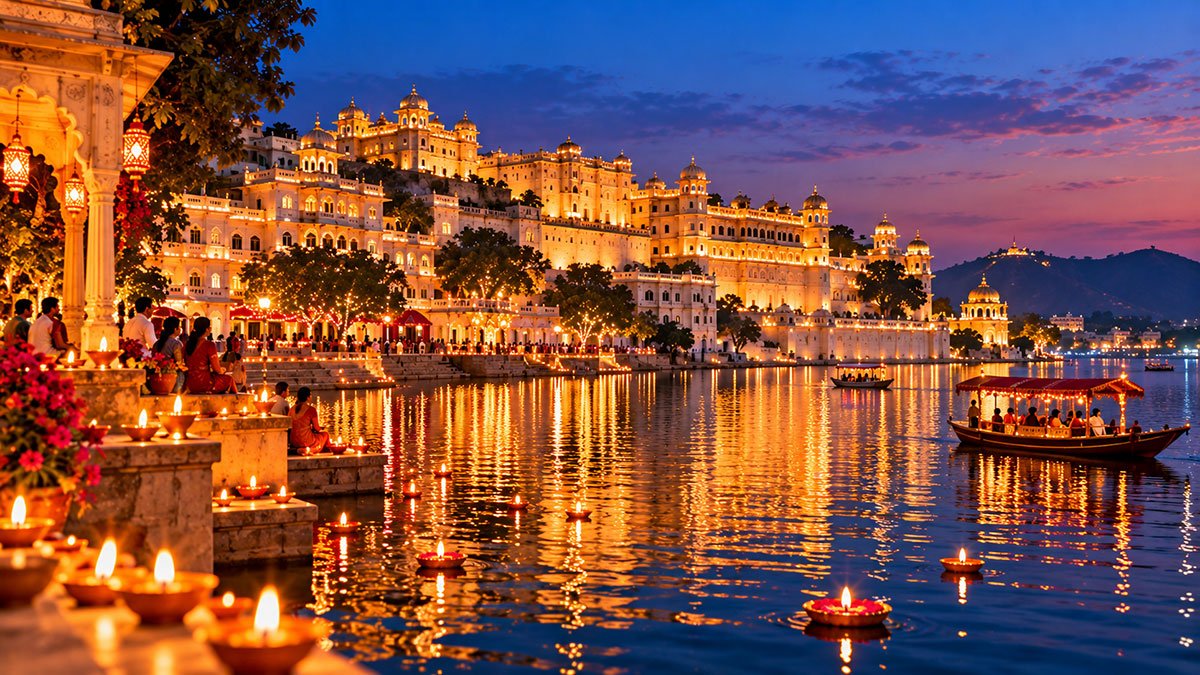 Udaipur-inspired lakeside palace illuminated at twilight, reflecting golden lights across Lake Pichola.