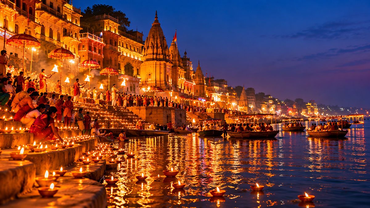 Varanasi-inspired Diwali scene with illuminated ghats, glowing diyas and boats on the Ganges.